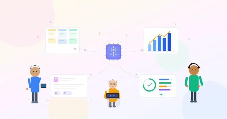 Illustration of AI connecting Agile teams, workflows, analytics, and task management.