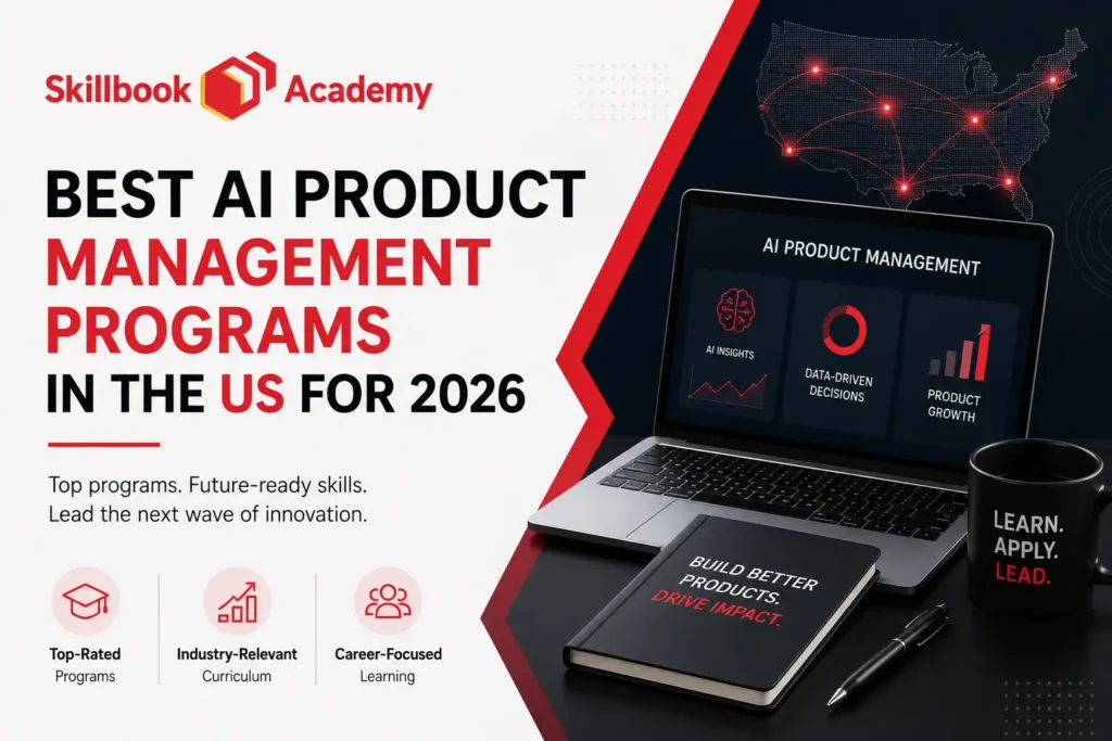 Skillbook Academy graphic: Best AI product management programs in the US for 2026.