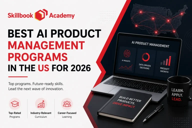 Skillbook Academy graphic: Best AI product management programs in the US for 2026.