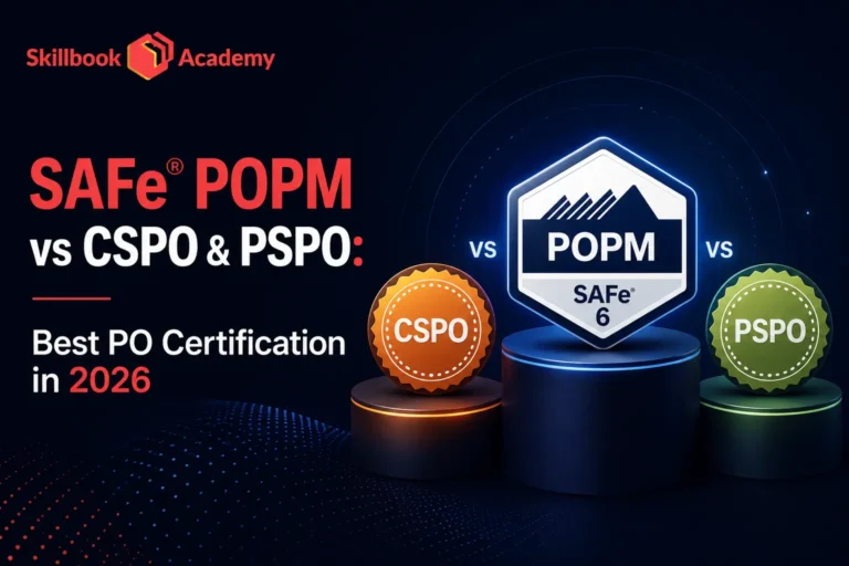 Skillbook Academy comparison of SAFe® POPM, CSPO, and PSPO certifications to help choose the best Product Owner certification in 2026.