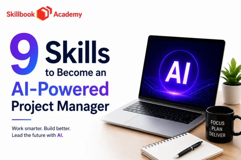 Skillbook Academy promotional graphic for "9 Skills to Become an AI-Powered Project Manager." The design features the article title alongside a laptop displaying an AI graphic, with a notebook, pen, coffee mug, and desk plant. The tagline reads, "Work smarter. Build better. Lead the future with AI."