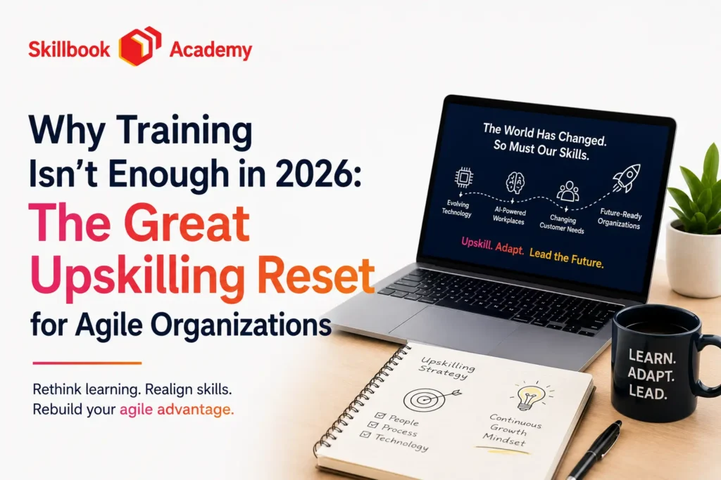 Skillbook Academy promotional graphic for "Why Training Isn't Enough in 2026: The Great Upskilling Reset for Agile Organizations." The design features the article title alongside a laptop illustrating evolving technology, AI-powered workplaces, changing customer needs, and future-ready organizations, with a notebook showing an upskilling strategy, a coffee mug reading "Learn. Adapt. Lead.," and a desk plant. The tagline reads, "Rethink learning. Realign skills. Rebuild your agile advantage."