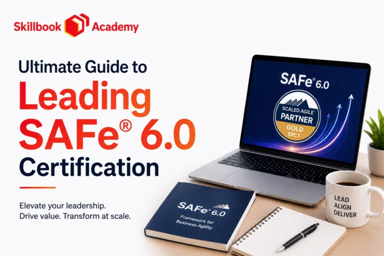Skillbook Academy promotional graphic for "Ultimate Guide to Leading SAFe® 6.0 Certification." The design features the article title alongside a laptop displaying the SAFe® 6.0 Gold SPCT partner badge, a SAFe® 6.0 framework book, notebook, coffee mug, and desk plant. The tagline reads, "Elevate your leadership. Drive value. Transform at scale."