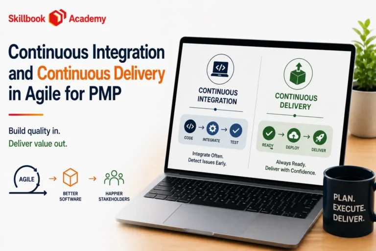 Skillbook Academy graphic explaining Continuous Integration and Continuous Delivery in Agile for PMP.