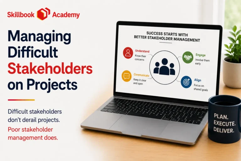 Skillbook Academy graphic on managing difficult stakeholders in projects.