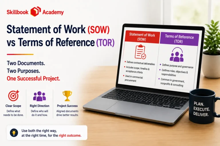 Skillbook Academy graphic comparing Statement of Work (SOW) and Terms of Reference (TOR).